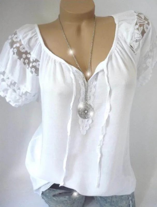 Sommer Mode Sexy V-Neck Spitze Kurzärme T-Shirt Damen Kleidung