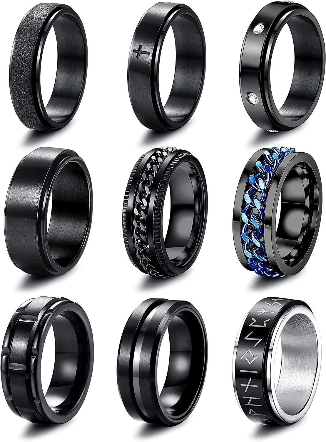9pcs schwarze Spinner Ringe für Männer Frauen Edelband Ringe Cool Chain Fidget Ring für Angst Ringe für Männer Jungen Angst Erleichterung Stress Ring Hochzeit schwarze Band Ring Größe 9