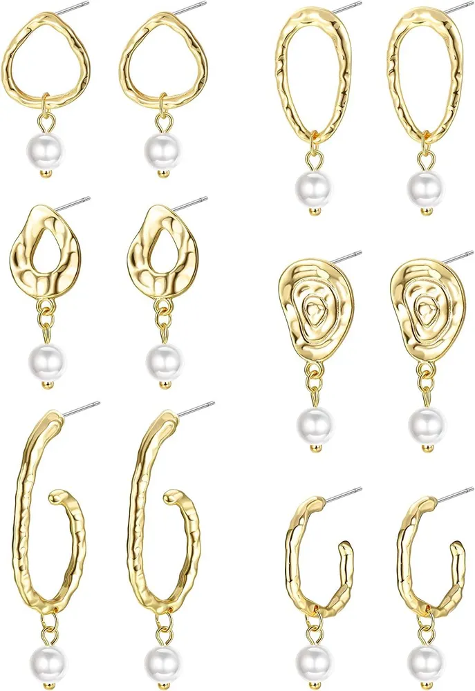 6 Paare 14 - Karat-Gold - Plated-Hoop - Ohrringe mit Charme für Frauen Barock Perl Drop Dangle Stud-Ohrringe Leichtgewicht Unregelmäßige Statement-Ohrringe Set