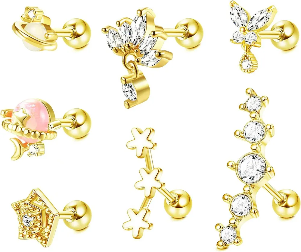 7 Stück Knorpel-Ohrringe für Frauen Männer Helix Piercing Knorpel-Ohrring Stump Stern Mond Blume CZ Tragus Ohr Piercing Edelstein Knorpel-Ohrring Set
