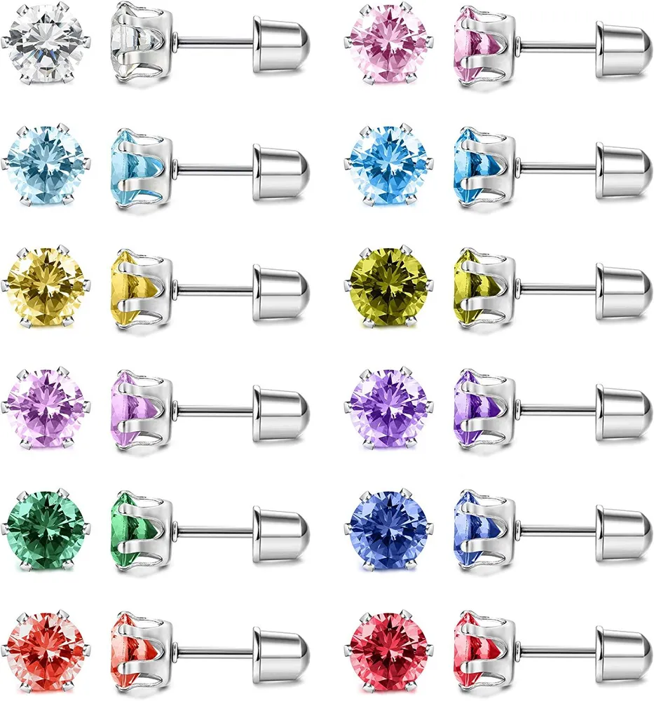 12 Paare Stud Pierced Ohrringe für Frauen Geburtsstein Ohrringe Edelstahl Round Cut CZ Ohrringe Stud Sets für Frauen