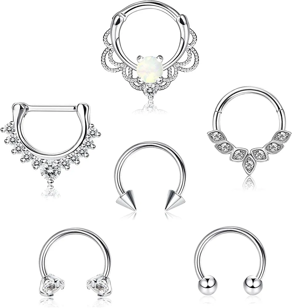 6pcs 16G Septum Ring süße Opal CZ Knorpel Ohrringe chirurgische Nasenring Schleife Tragus Helix Daith Ohrringe Scharnier Segment Clicker Ring Septum Piercing 8MM