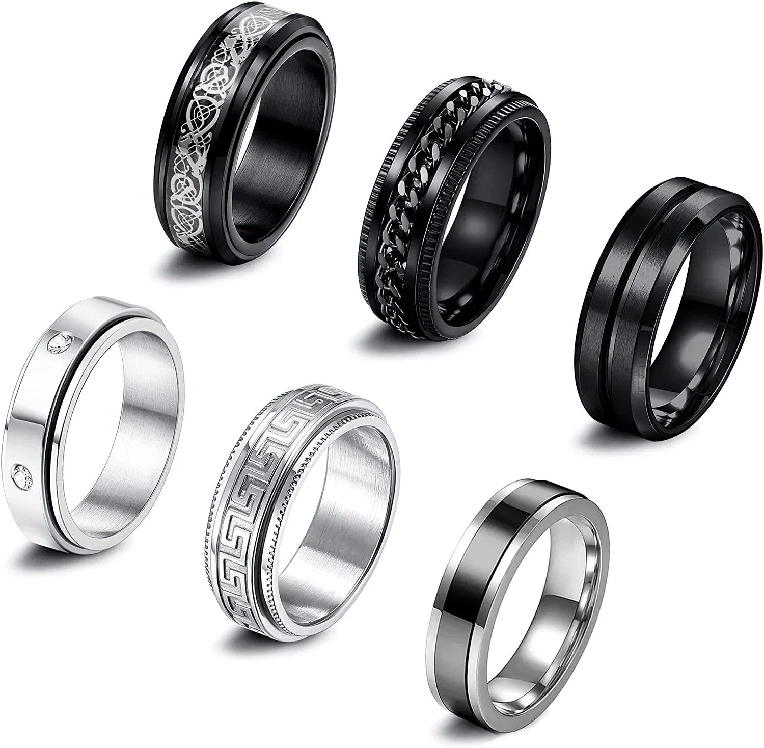 6pcs Schwarz Edelstahl Fidget Spinner Ringe für Männer Frauen Cool Linderung Angst Frieden Ringe für Sorgen Hochzeit Versprechen Band Ringe Set Größe 8
