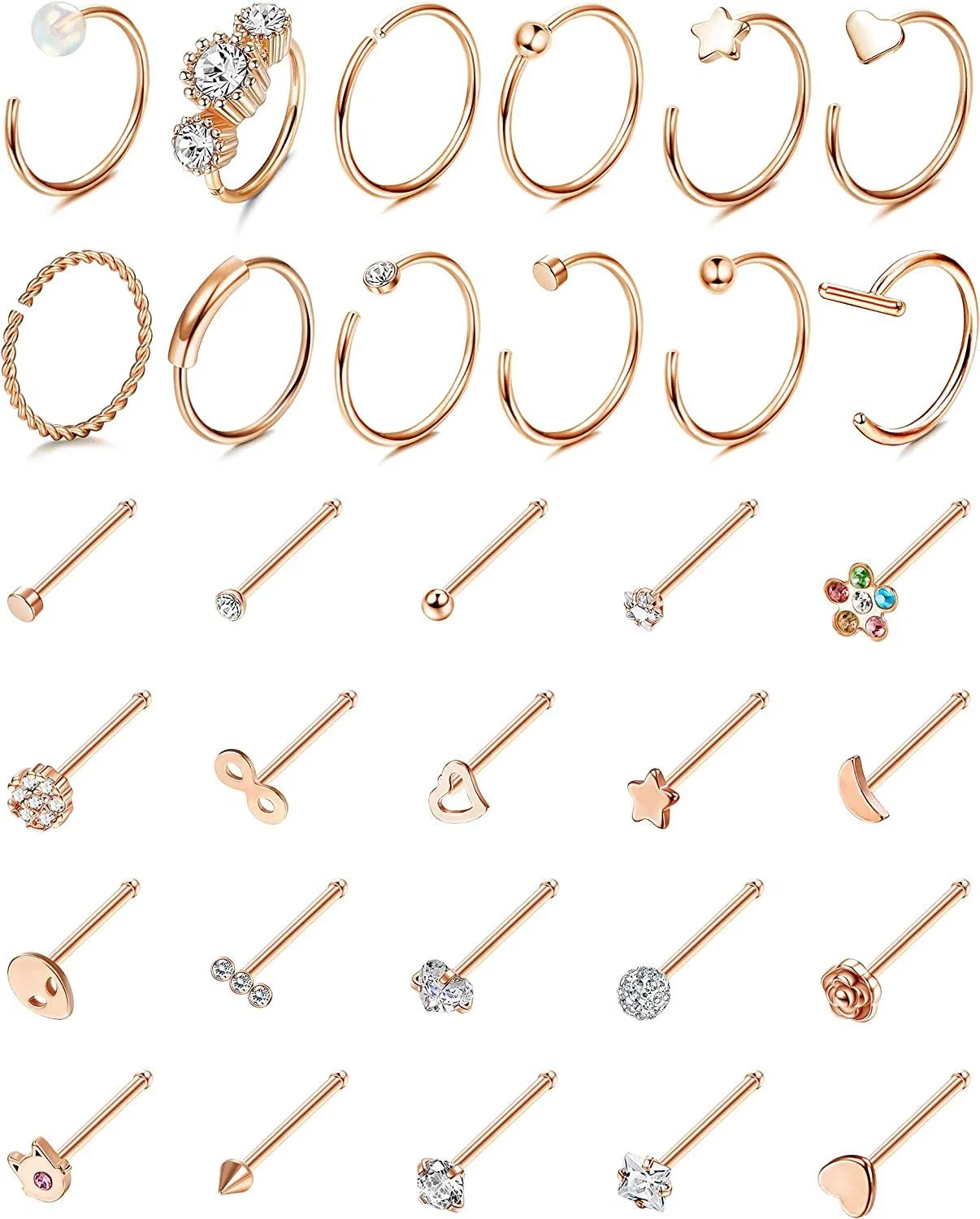 32 Stück 20G Nasenringe für Frauen Männer Edelstahl Nasenring Hoop Knochen L-Form Schraube Nasen Stud Set Rose Gold Plated Nasen Piercing Schmuck