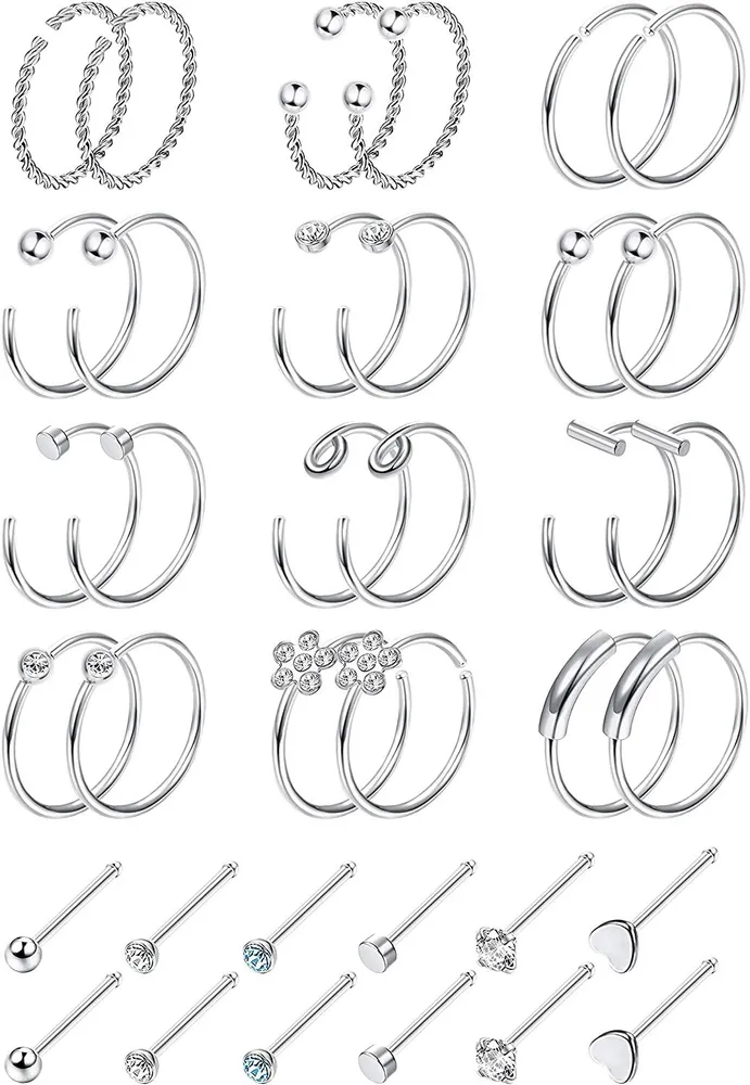 20G 36Pcs Nasenringe Schleife Edelstahl L Knochen Schraube geformte Nasen Studs CZ Tragus Knorpel Nasenring Labret Nasen Piercing für Männer Frauen