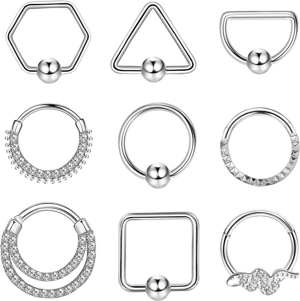 9Pcs 16G Septum Nasenringe Knorpel Ohrringe Schleife Edelstahl CZ Hinge Clicker Ringe Helix Daith Conch Tragus Nasen Piercing für Frauen Männer