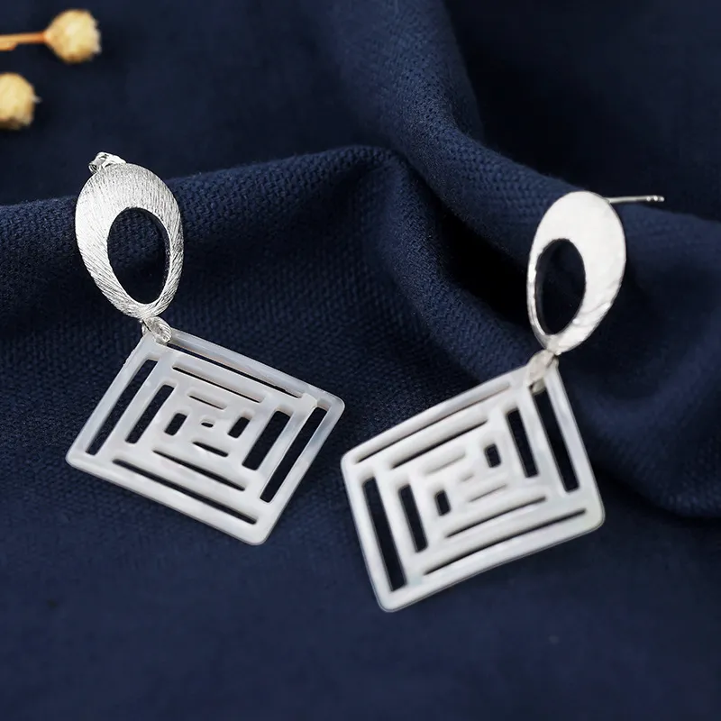 S925 Silber Natural Shell Ohrringe Retro Design Sense Square Ohrringe