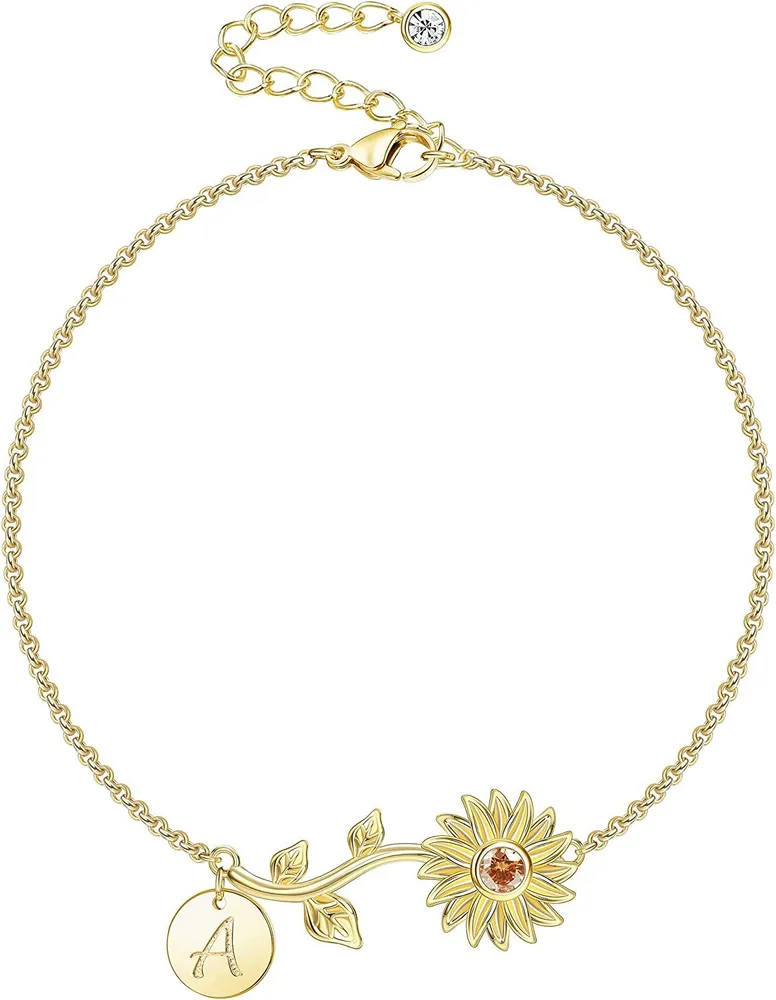 Sonnenblumen-Armband für Frauen Mädchen; 18 - Karat-Gold - Plated-Initial - Charm-Armband; Sonnenblumen-Schmuck mit Geschenkbox