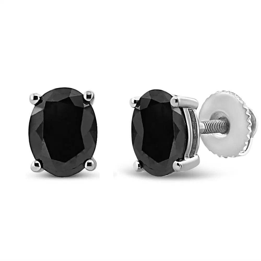 .925 Sterling Silver Prong Set behandelt Schwarz Oval Diamond Stud Ohrring (Schwarz Farbe, I2 - I3 Klarheit)