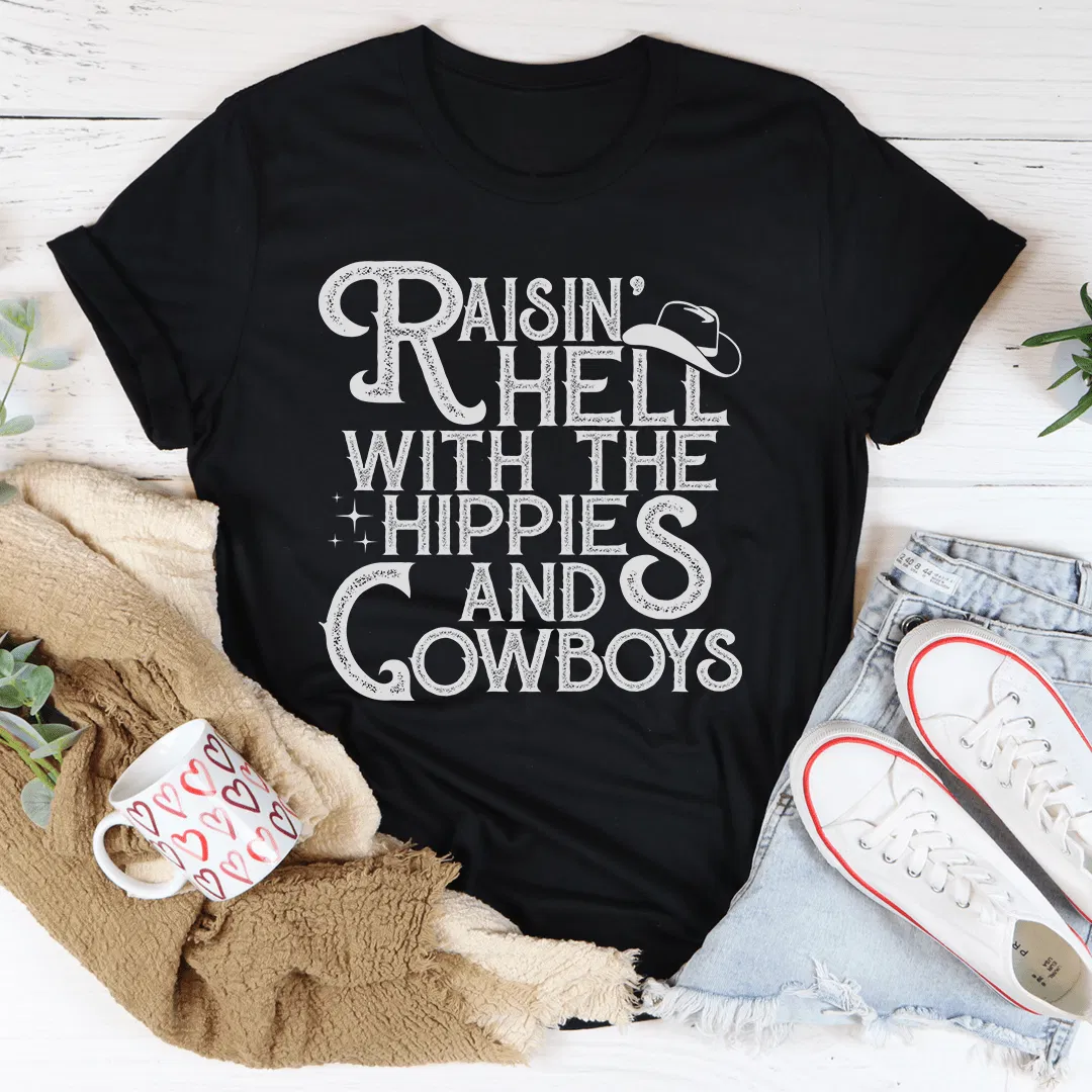 Raisin Hell mit dem T-Shirt der Hippies und Cowboys