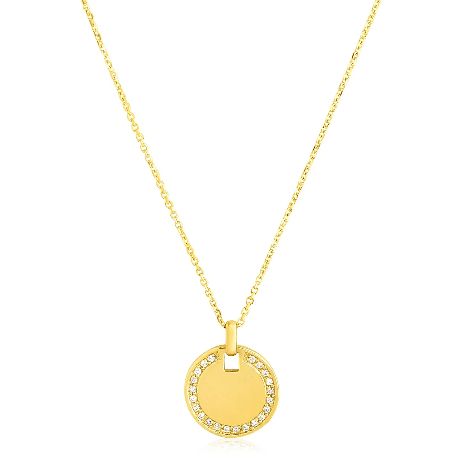 14 Karat Gelbgold High Polish Diamond Round Disc Tag Kette