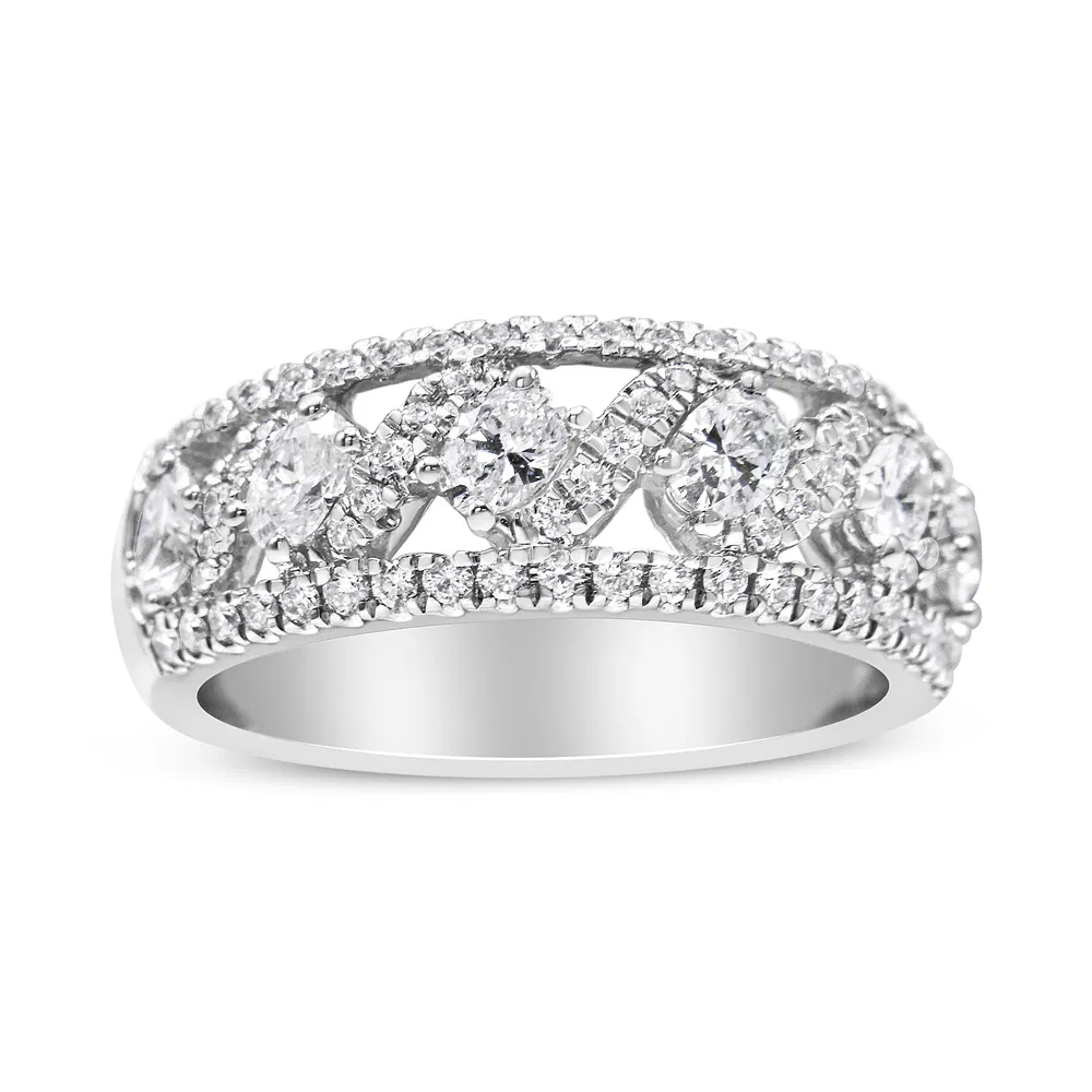 14 Karat Weißgold 1 1 / 4 Cttw Oval und Round Diamond Openwork Anniversary Ring (H-I Farbe, I1 - I2 Klarheit) - Größe 6,75