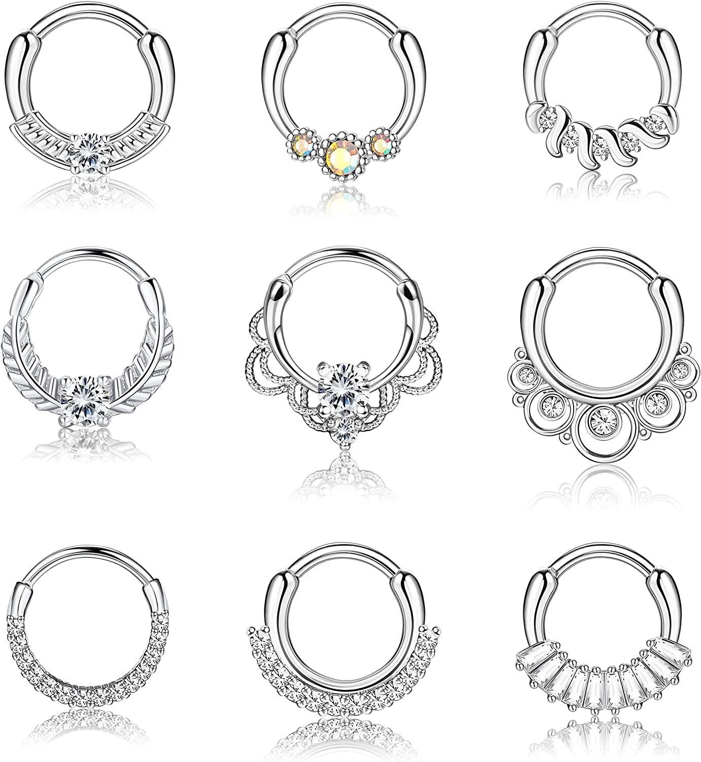 9pcs 16G Septum Clicker Ringe Edelstahl CZ Septum Schmuck Knorpel Helix Tragus Hoop Daith Ohrringe Nasenring Hoop für Frauen Männer Nasen Piercing Schmuck 10MM