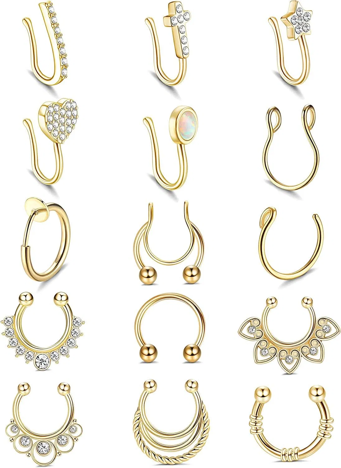 15Pcs Falscher Nasenring Kubik Zirkonium Nasen Manschette Edelstahl Falscher Nasenring Schleife Falsches Septum Nasenringe für Frauen Falsche Zunge Piercing Clip am Nasenring