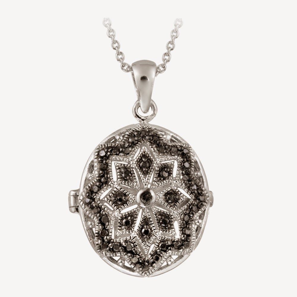 Black Diamond Accent Filigree Oval Locket Halskette