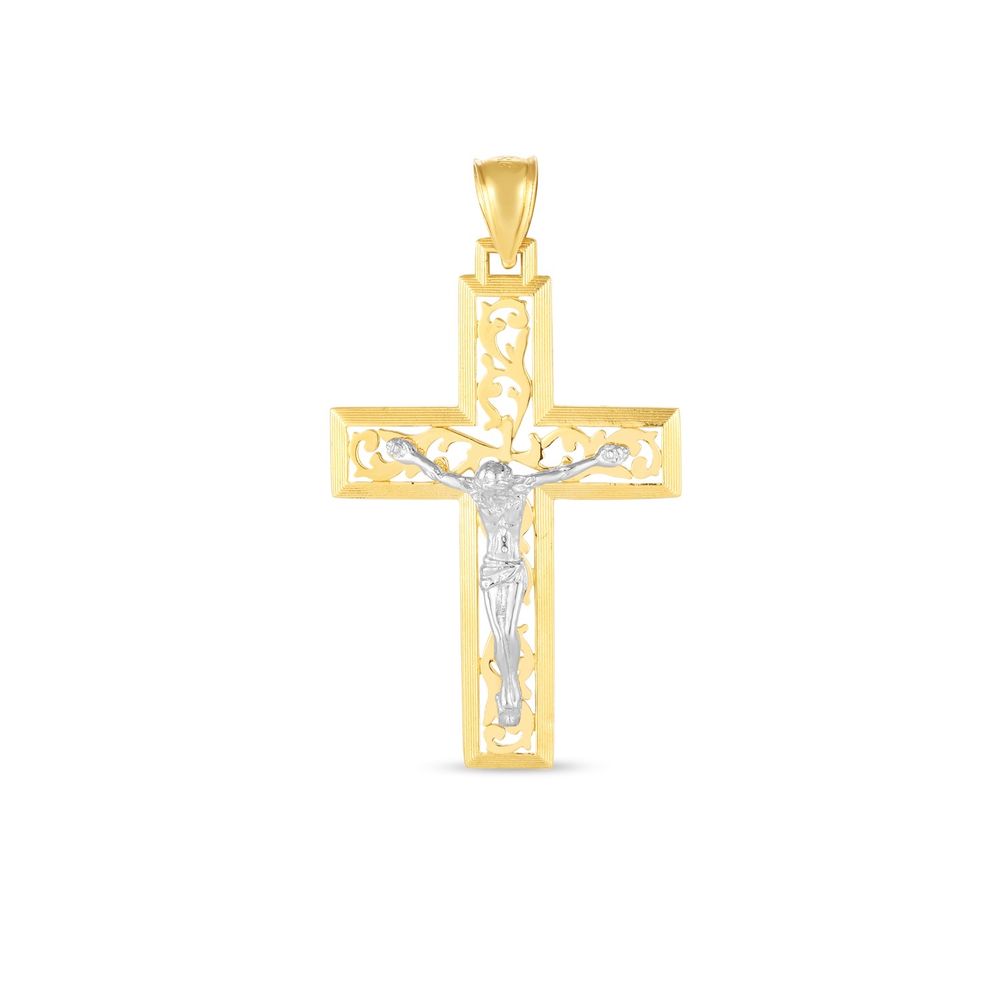 14 Karat Zwei-Ton - Gold High Polish Diamond Cut Cross Anhänger