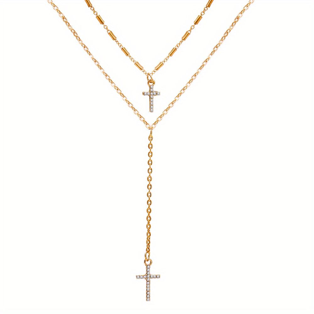 Minimalistischen Stil Doppelschicht Kette Rhinestone Kreuz Anhänger Halskette Klavierkette