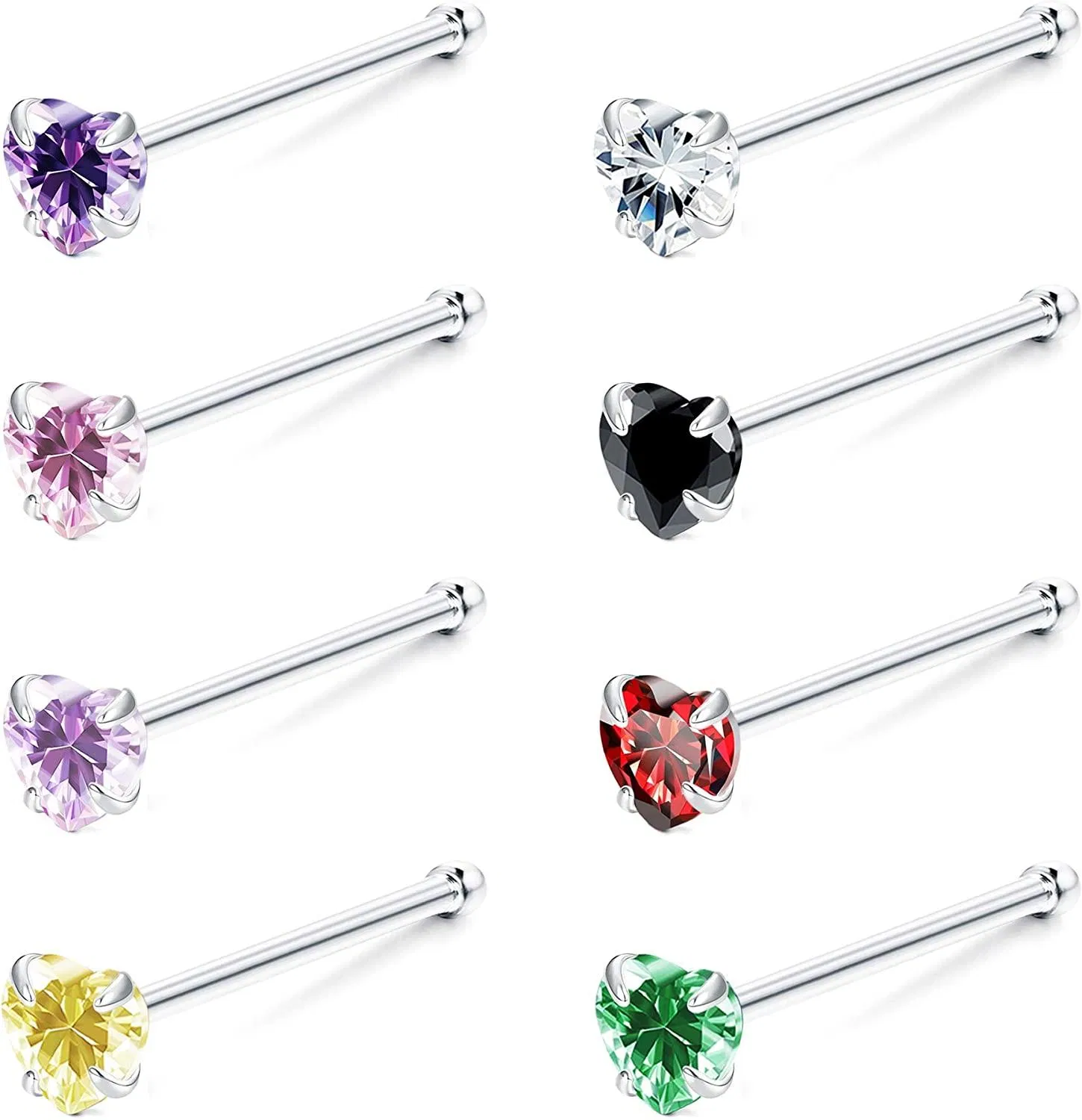 Sterling Mix Farbe Nasen Ringe Studs für Frauen 8pcs Herz Formen Kubik Zirkonia Nasen Knochen Studs Set 22G Nasen Körper Piercing Schmuck