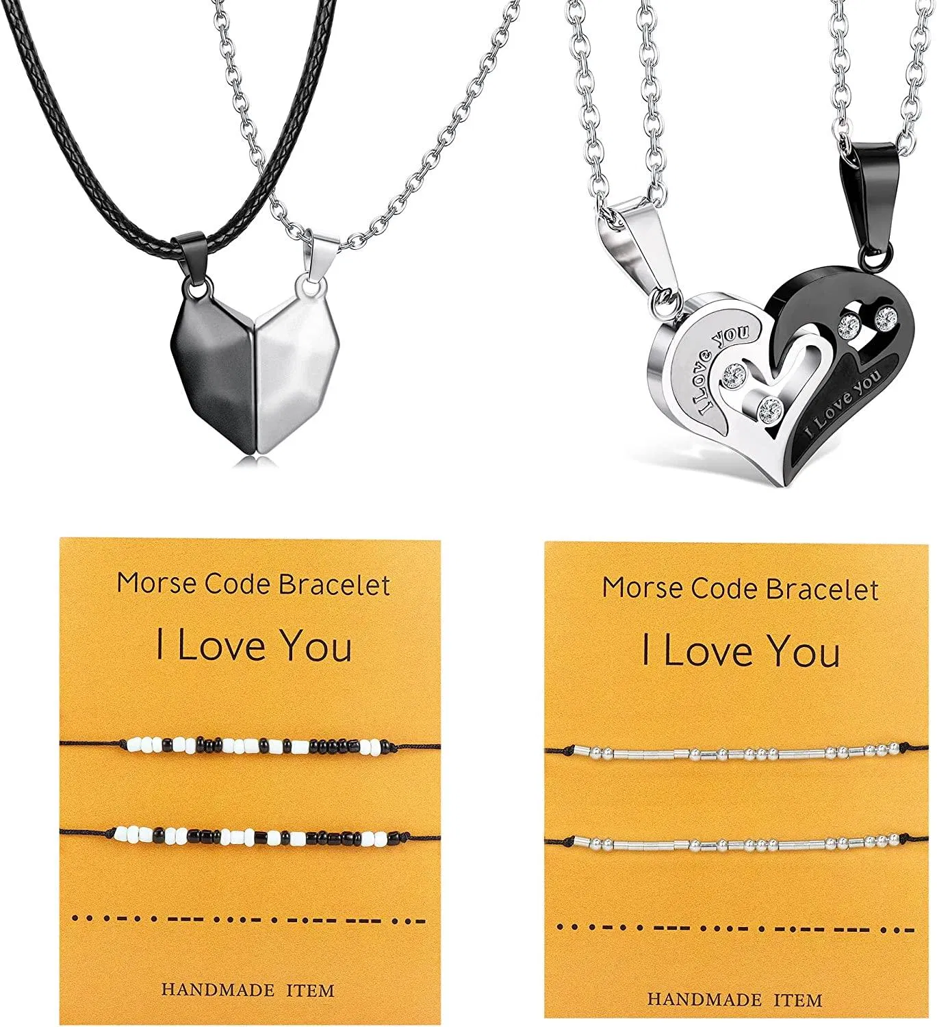 8pcs passende Halsketten für Paare und Morse-Code - Armbänder Set Paare Geschenke für ihn und ihr Paar Herz-Magnet - Halskette Valentinstag Geschenk