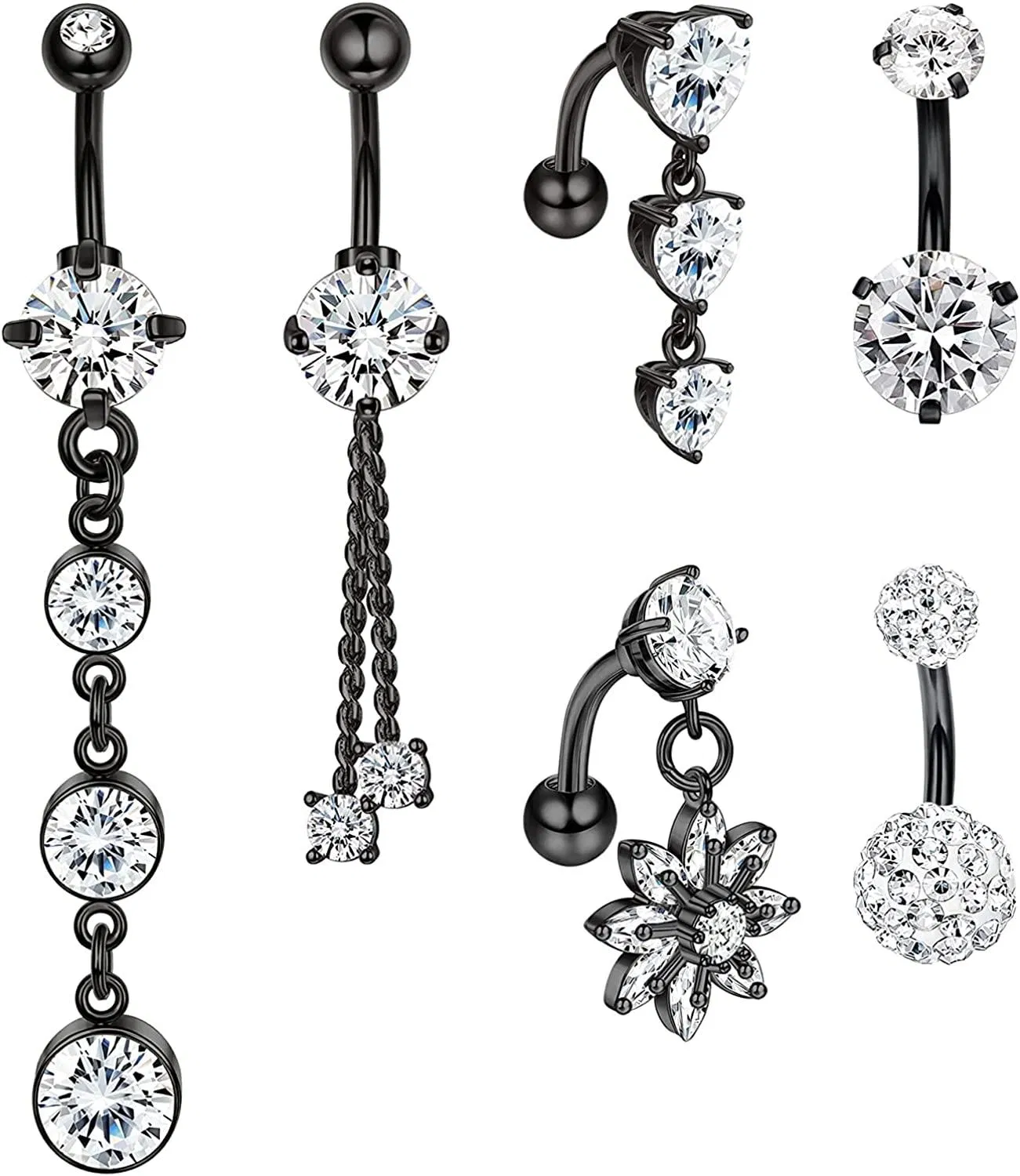 14G Bauchknopfringe für Frauen Süße Kubik Zirkonia Nabelring Piercing Chirurgische Bauch Piercing Long Dangle Kurze Umkehr Bauchknopfringe Set Körper für Frauen