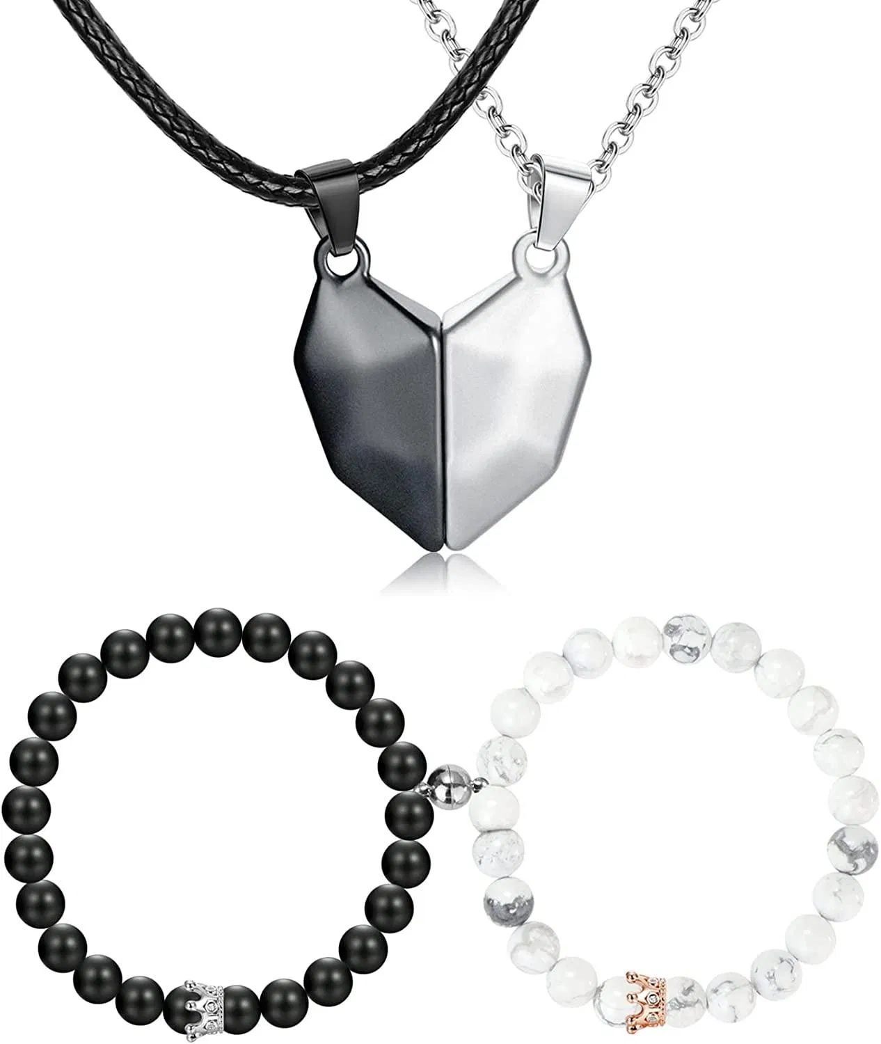 4pcs Magnetische Paare Halskette Armbänder Passende Halskette für Paare Edelherz Anhänger Langstrecken Beziehung Armbänder Natürlicher Stein Perlen Paare Valentinstag Geschenke