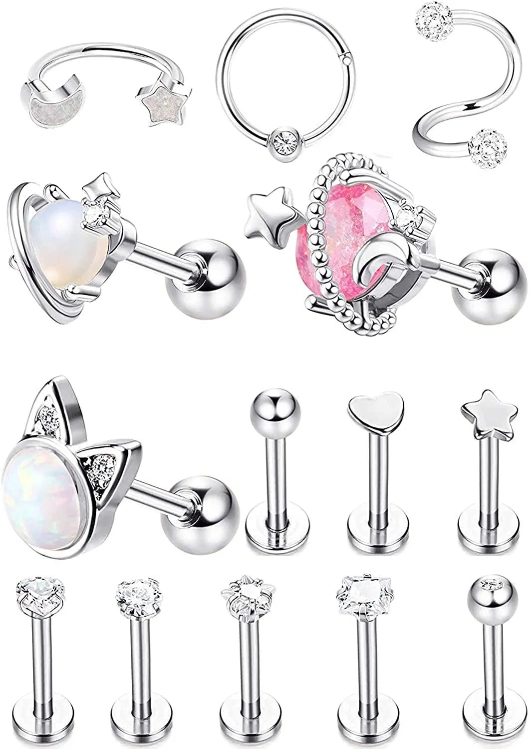 14pcs Knorpel Ohrring Hoop Stud für Frauen Mädchen Lippen Piercing CZ Tiny Stud Daith Ohrringe Conch Tragus Barbell Ohr Flat Back Ohrring Helix Piercing Schmuck