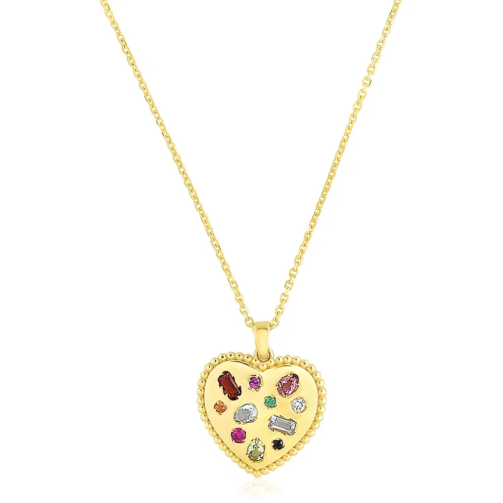 14 Karat Gelbgold High Polish Heart Edelstein Inlay Halskette