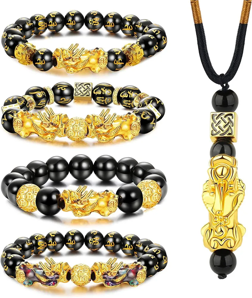 4 Stück Feng Shui Armbänder Halskette Set für Männer Frauen Schwarze Obsidian Reichtum Armbänder Gut Lucky Pi Xiu Armbänder 10mm Perlen verstellbar Elastisch