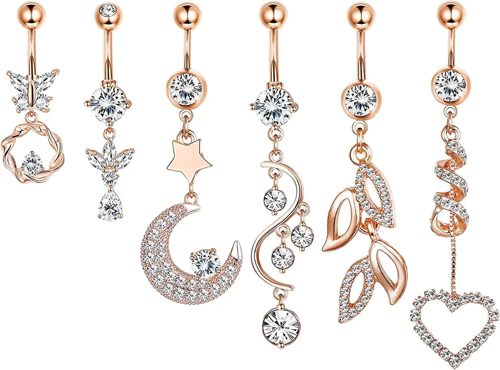 6pcs 14G Edelstahl Dangle Bauch Button Ringe für Frauen Herz Sonne Mond Schmetterlings Blatt Tassel CZ Nabel Körper Piercing Schmuck
