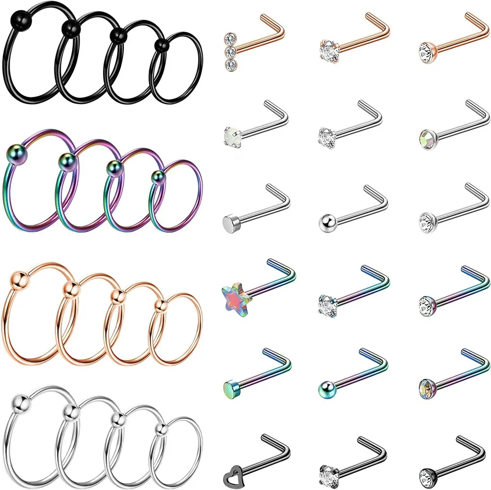 34 Stück Nasenring Schleife für Frauen Nose Piercings Edelstahl Nasenknochen L-geformte Schraube Nasen-Stuck - Set-Ringe für Frauen Männer