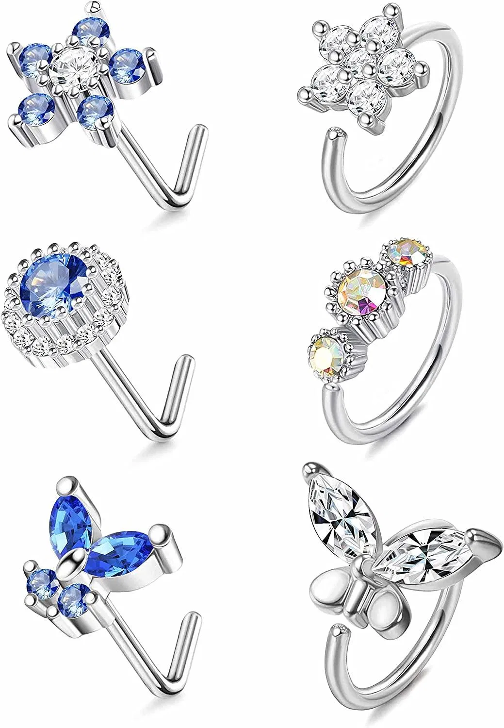 6pcs 20G Edelstahl Nasen Ringe Schleife für Frauen Männer Blumen L-geformte Nasen Ringe Schmetterling Nasen Stud CZ Nasen Piercing Schmuck