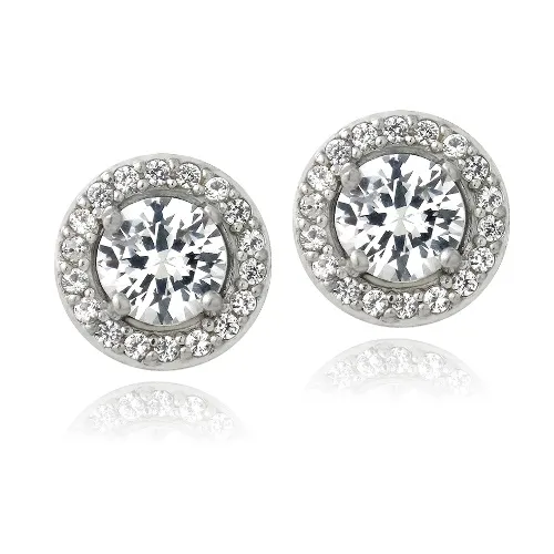 Sterling Silber 3ct geschaffen weiße Saphir rund Halo Stud Ohrringe