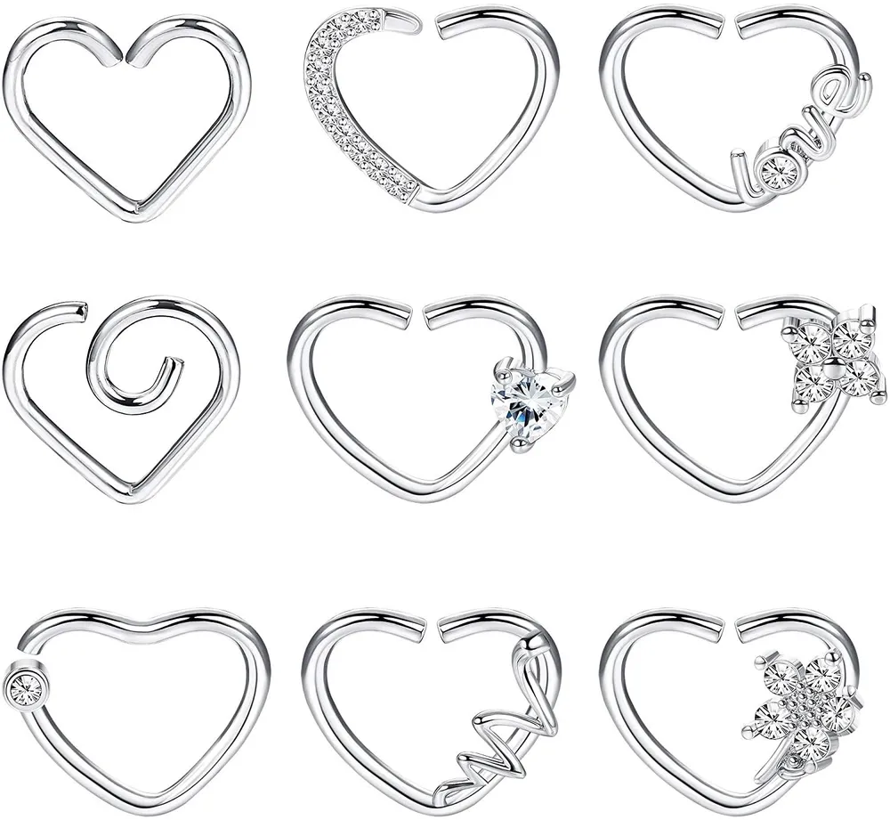 9pcs Helix Knorpel Ohrring Tragus Daith Piercing Chirurgische Stahl Herz Nasenring 16Gauge