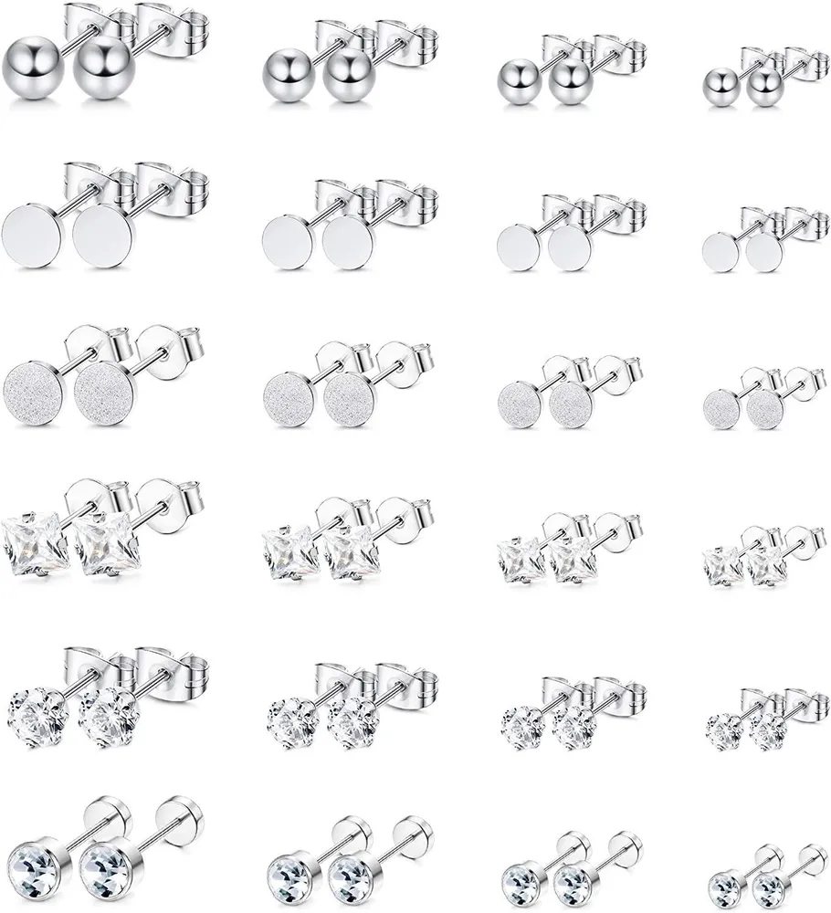 12 - 24 Paare Edelstein-Schwarze Stud Ohrringe für Männer Frauen Ball CZ Ohrringe Knorpel Piercings Set Silber