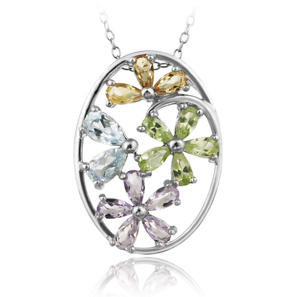 Sterling Silber Multi Edelstein Oval Blumen Anhänger
