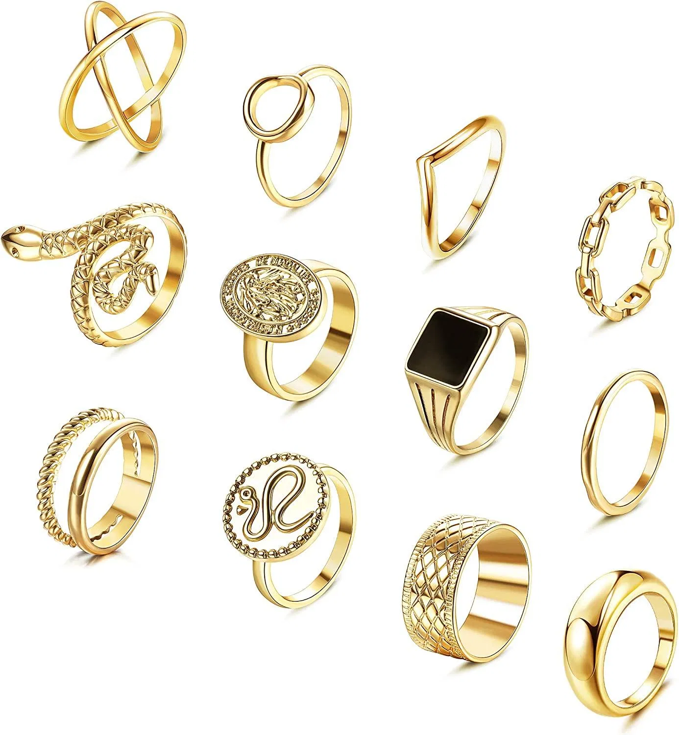 12pcs 14K Gold Plated Ringe Set Bohemian Knuckle Stackable Snake Ringe Set für Frauen Teen Girls Dicke Chunky Dome Ring für Geschenk Größe 6 - 9