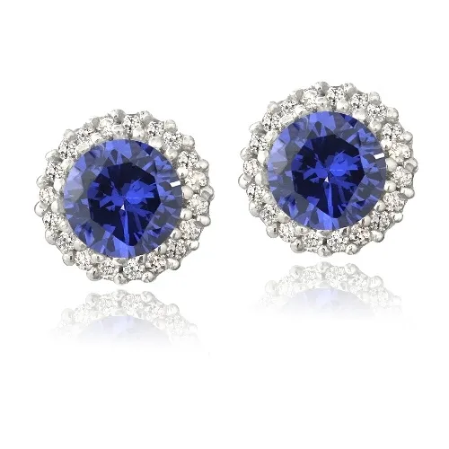Sterling Silver Blue & Clear CZ Halo Stud Ohrringe