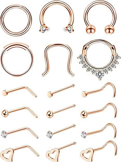 18pcs 20 - 16G Septum Ring Edelschleife Nasenring Stud Schrauben Ringe Schleife Knorpel Piercing L-Form Körperring Jewerly Rose Gold Tone