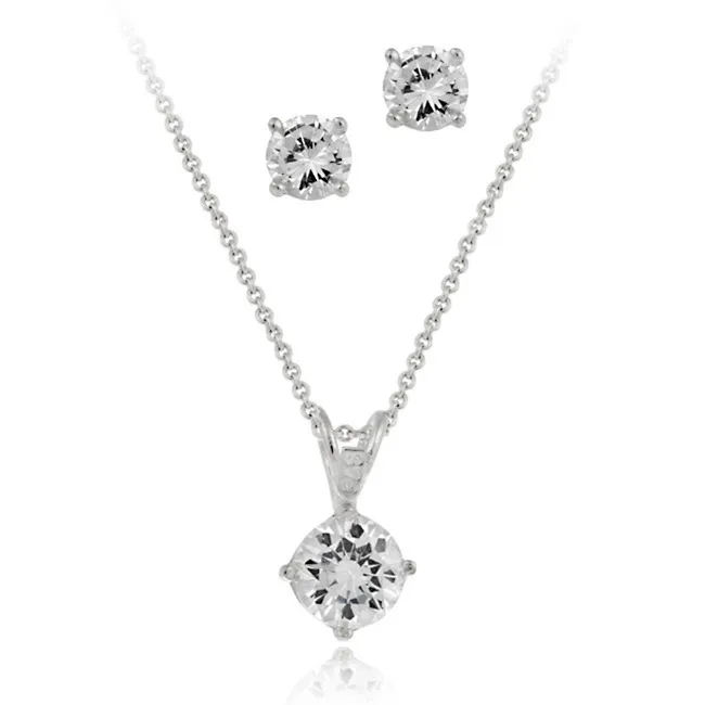 Sterling Silver Round CZ Solitaire Anhänger & Stud Ohrringe Set