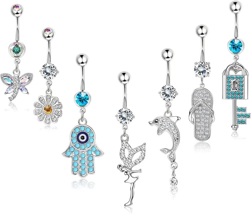 14G Bauchknopfringe Dangle für Frauen Edelstahl Schmetterling Evil Eye Key Lock Bauchknopfringe Clear CZ Navel Ringe Bauch Piercing Pack