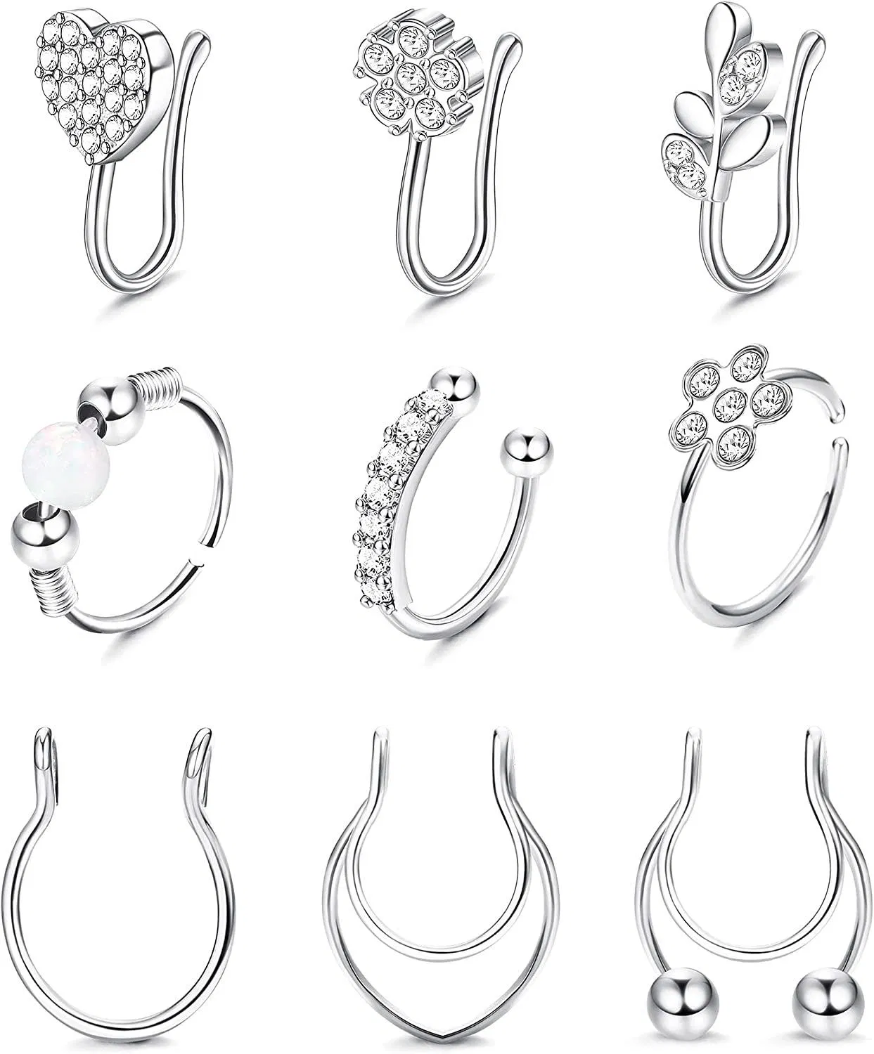 9pcs Falsche Nase Ringe Edelstahl Faux Nasen Ring Schleife Eingezogen CZ für Frauen Fuax Septum Ring Clip Auf Nasen Ring Fälschungen Septum Ringe Nicht Piercing 16 / 20G