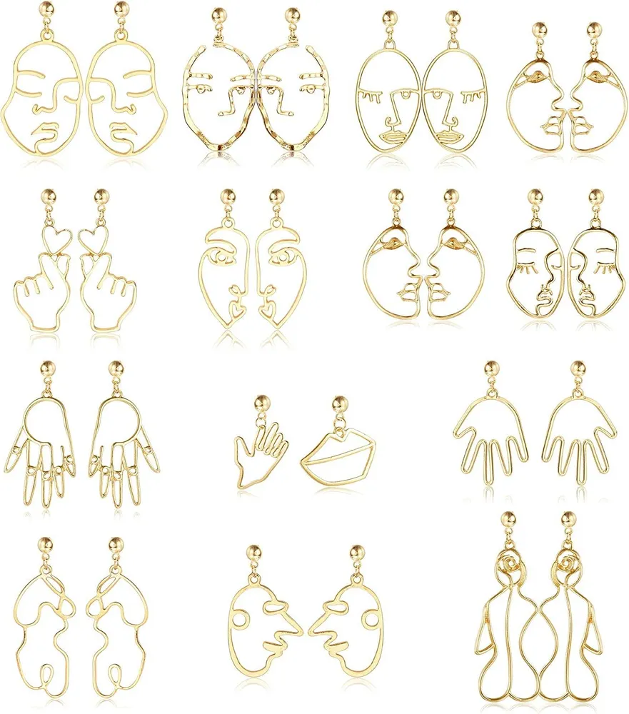 14 Paare Gesicht Ohrringe für Frauen Egirl Hollow Abstract Art Ohrringe mit seltsamen Gesichtshand Abstract Art Design
