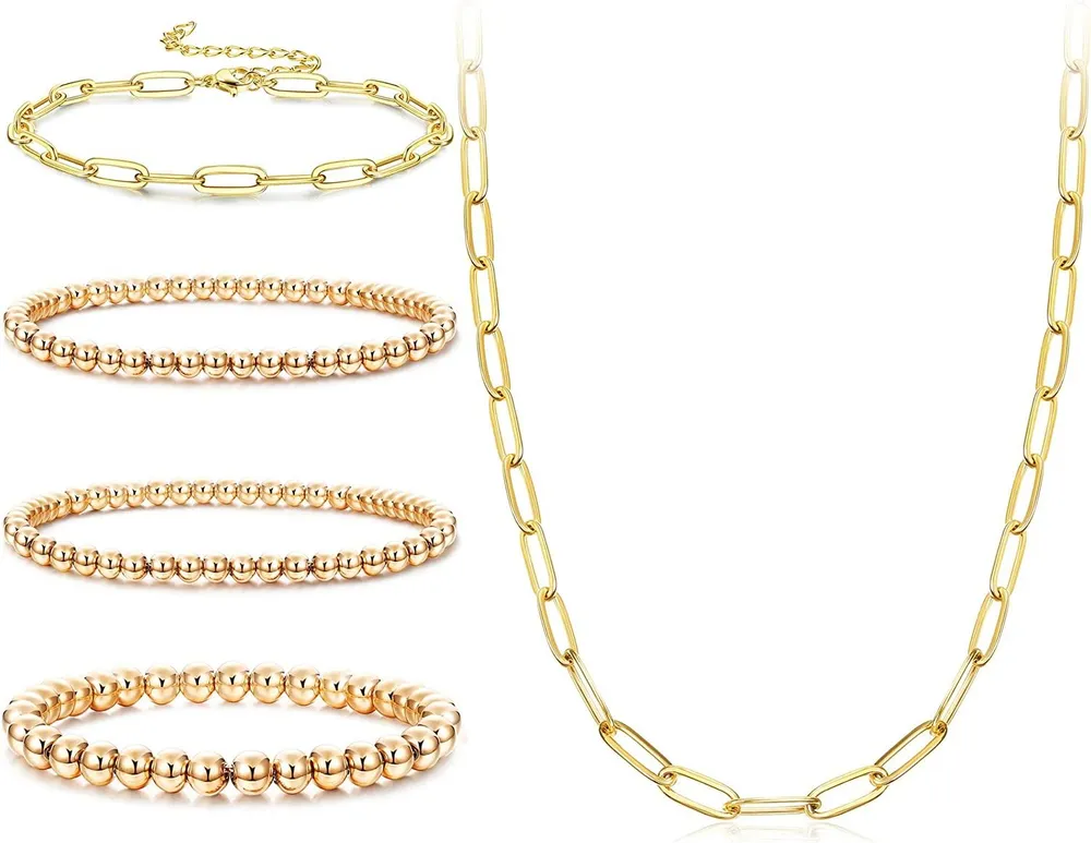 5pcs 14k Gold Plated Beaded Ball Armbänder 4 - 6MM Dicke Dehnbare Elastisches Gold Beaded Armbänder Dainty Paperclip Link Chain Choker Halskette Armbänder Set für Frauen