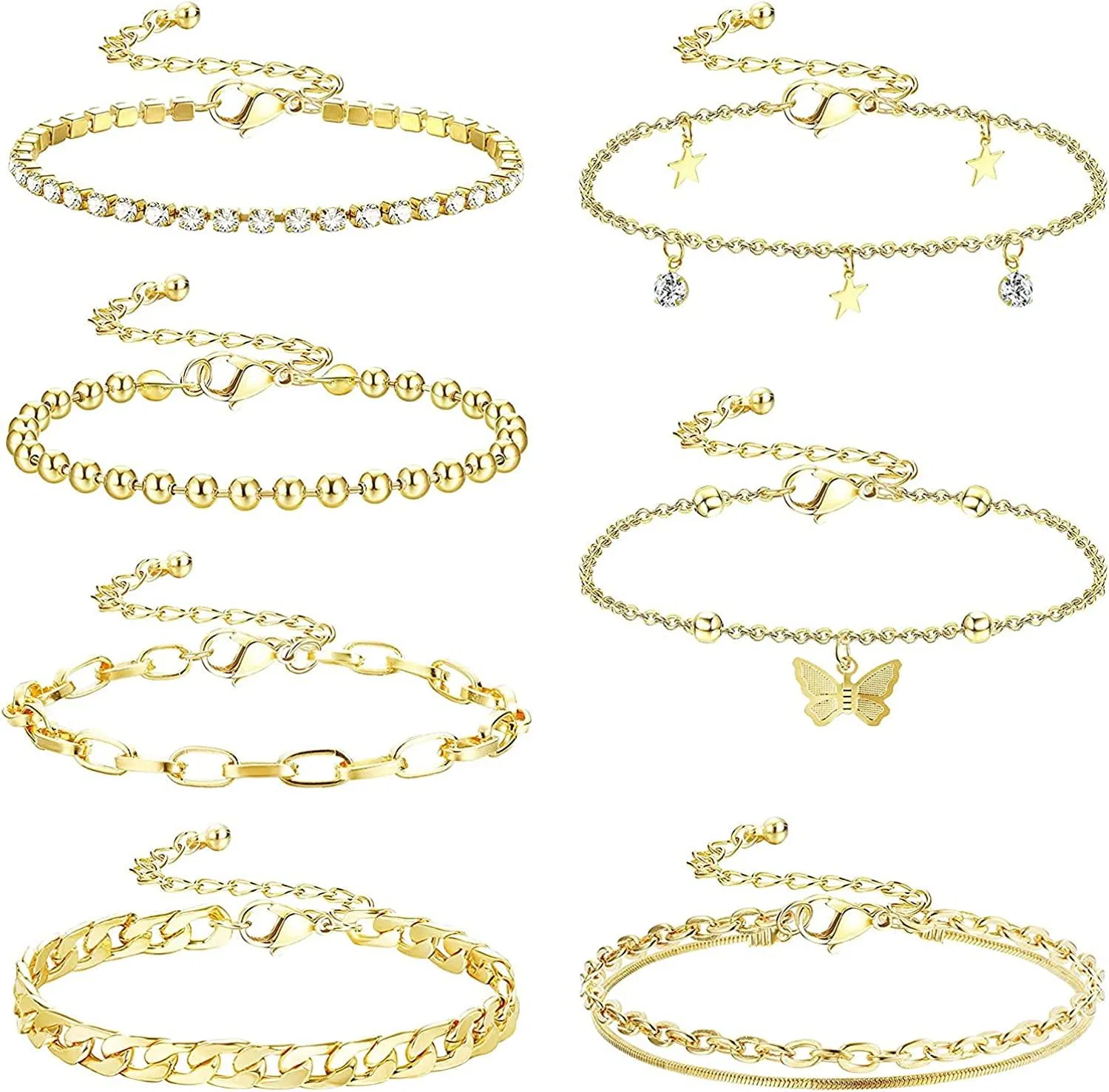 Gold Knöchel-Armbänder Set für Frauen; 7PCS Boho Butterfly Beach Anklets Flat Mariner Chain Leaves Rhinestone Tennis Anklets verstellbare Fuß Schmuck Geschenke