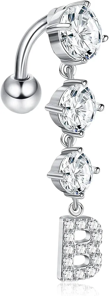 Frauen 14G Initial Dangle Belly Button Ringe Edelstahl Rückwärts gekrümmte Nabel Ringe Glitzer CZ Brief Bauch Piercing Schmuck