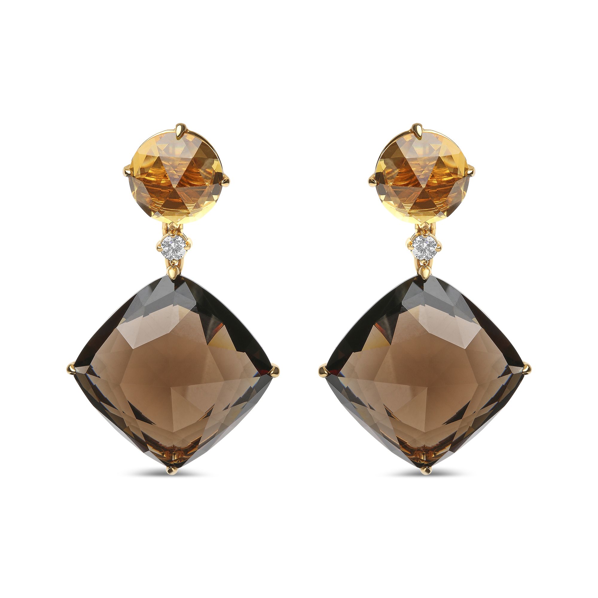 18 Karat Gelbgold 1 / 5 Cttw Diamant mit rundem gelben Citrine und 25mm Kissen geschnittenem Rauchquarz Edelstein Dangle Ohrring (G-H Farbe, SI1 - SI2 Klarheit)