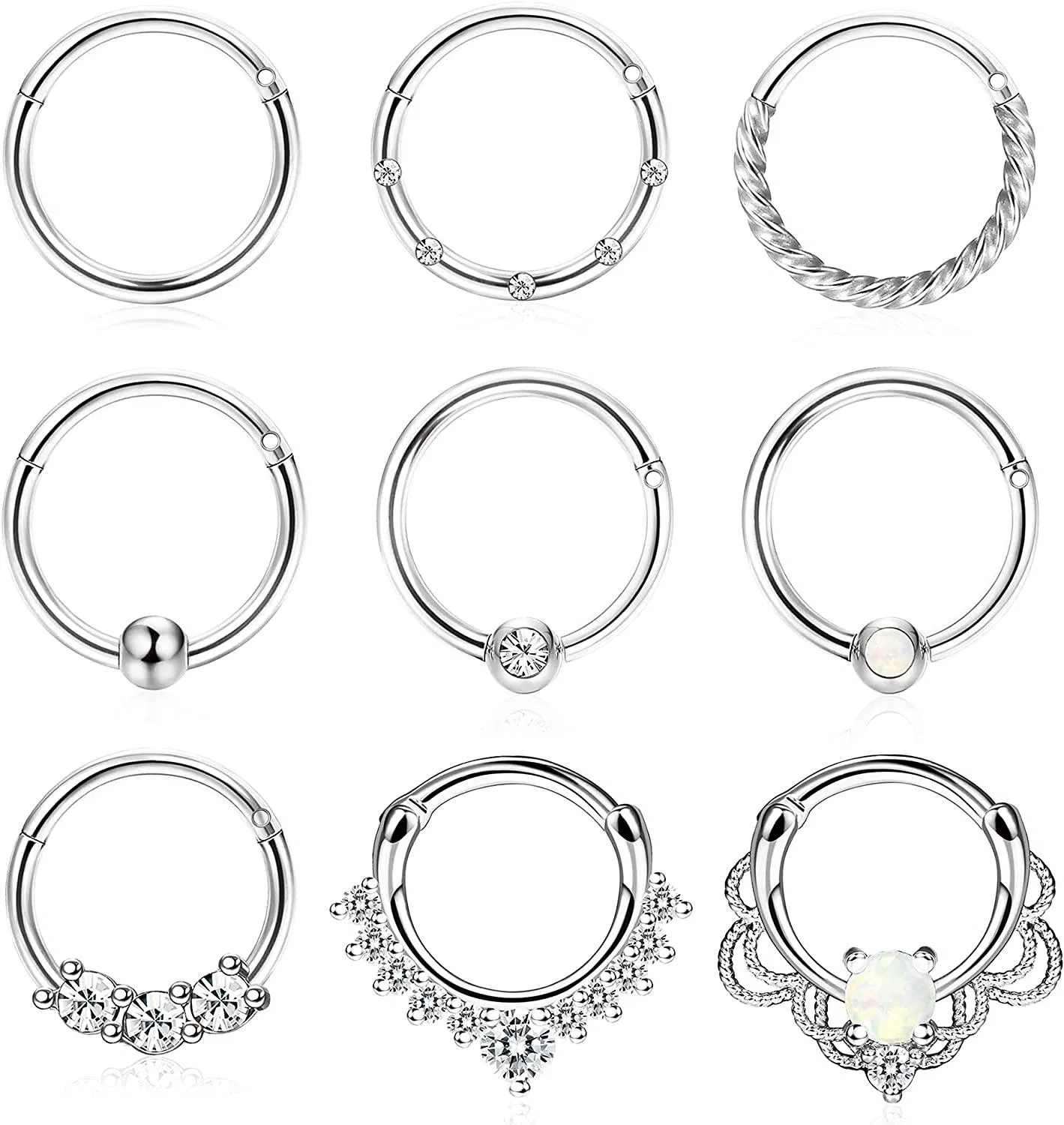 9pcs Septum 16G Daith Ohrringe Hoop Nose Ring für Frauen Männer CZ Opal Septum Clicker Hingeed Nose Ring 316L Edelstahl Knorpel Tragus Helix Piercing Septum Ringe