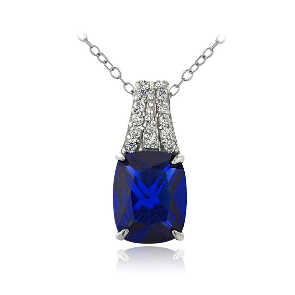 Sterling Silber geschaffen Blauer Saphir & CZ Rechteck Halskette