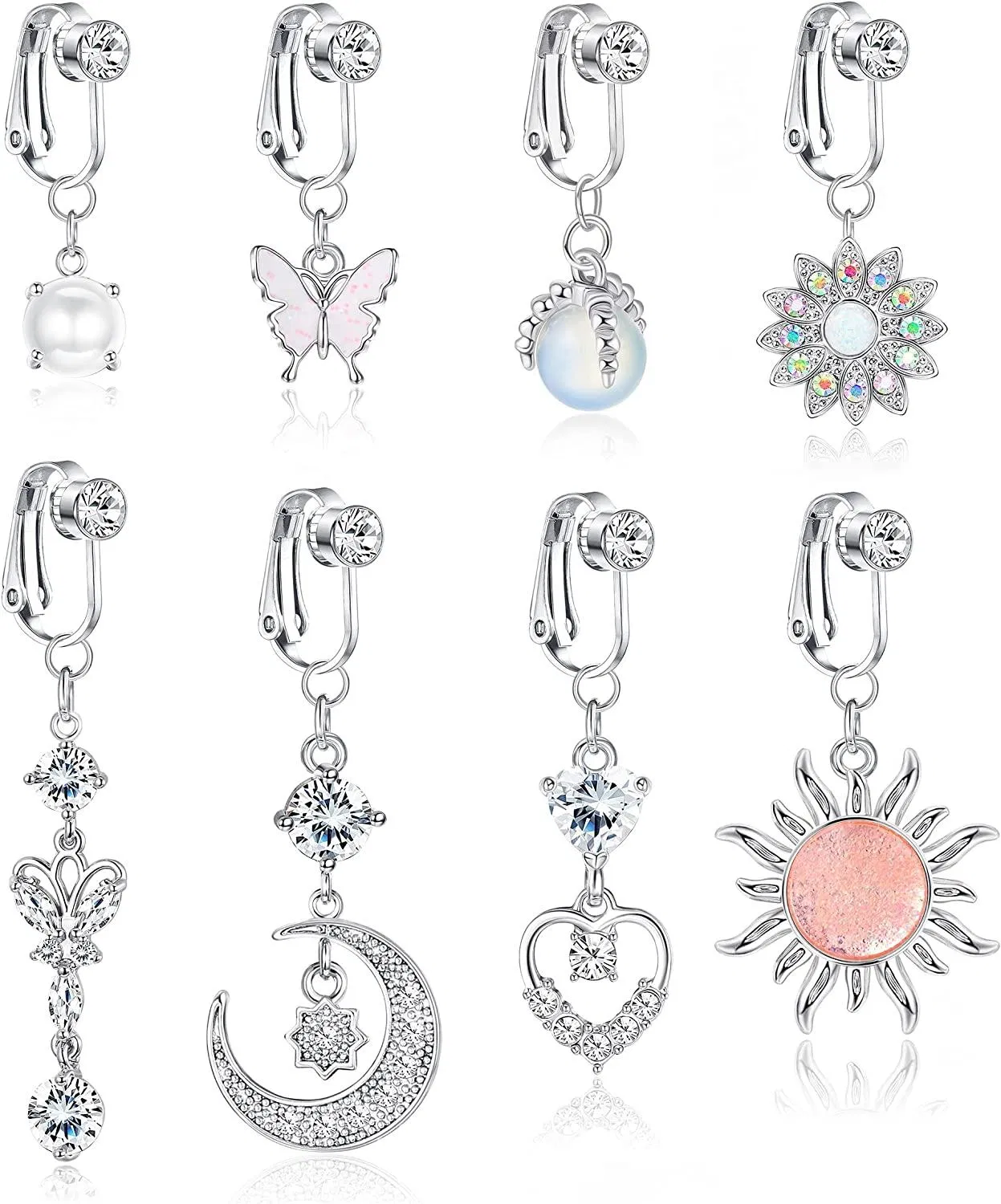 8Pcs Fake Belly Ring für Frauen Clip auf Bauchknopf Ringe CZ Opal Schmetterling Non-Piercing Dangle Nabel Ringe Fake Belly Piercing Schmuck