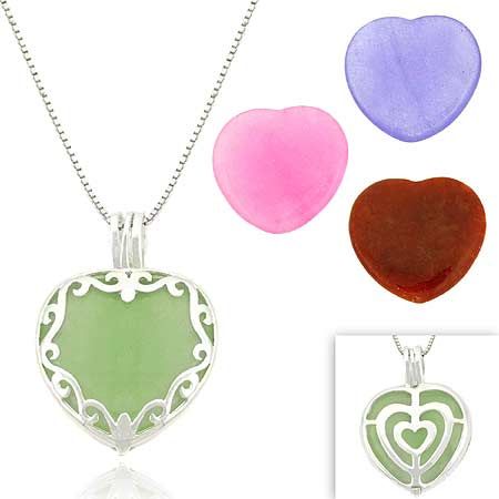 Sterling Silber Multi-Color Jade Austauschbares Herz Filigree Anhänger